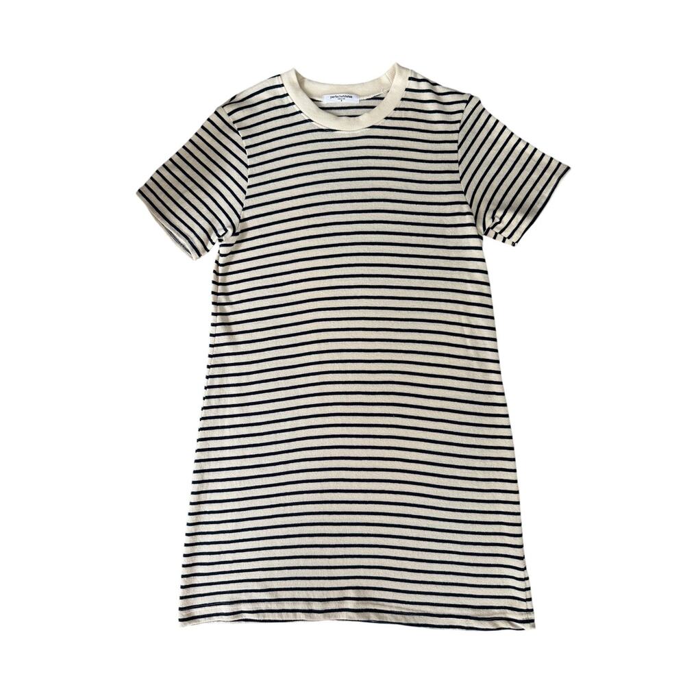 PerfectWhiteTee Striped Cotton T-Shirt Dress Small Cream Navy Short Sleeve USA